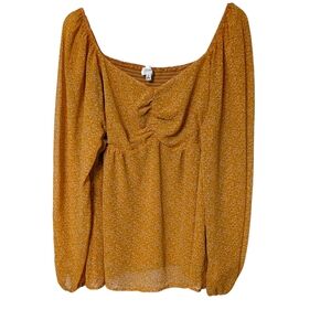 Heyson Elegant Mustard Yellow Floral Babydoll Long Balloon Sleeve Blouse Size 2X